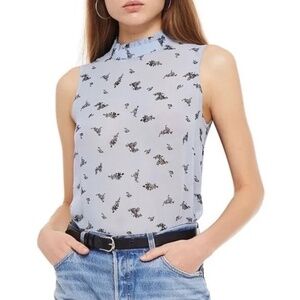 Ganni Size 34 sleeveless ruffle-edged mock neck top floral print chiffon